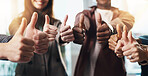 Business people, hands and team with thumbs up in office for diversity, inclusion or feedback. Group, employees or gesture with like emoji, yes sign or OK for work cohesion, well done or 