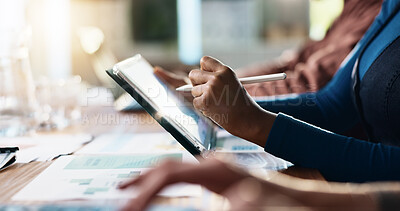 Buy stock photo Hands, tablet and writing with business person at desk in coworking office for design or development. App, creative and pen with graphic designer in workplace for website illustration or planning