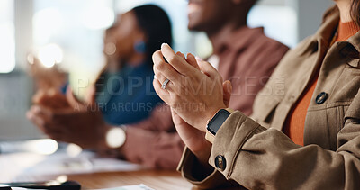 Buy stock photo Business people, group and applause with hands for success, celebration and company milestone. Team, clapping and cheering for promotion, winner and goal accomplishment with excellence in meeting