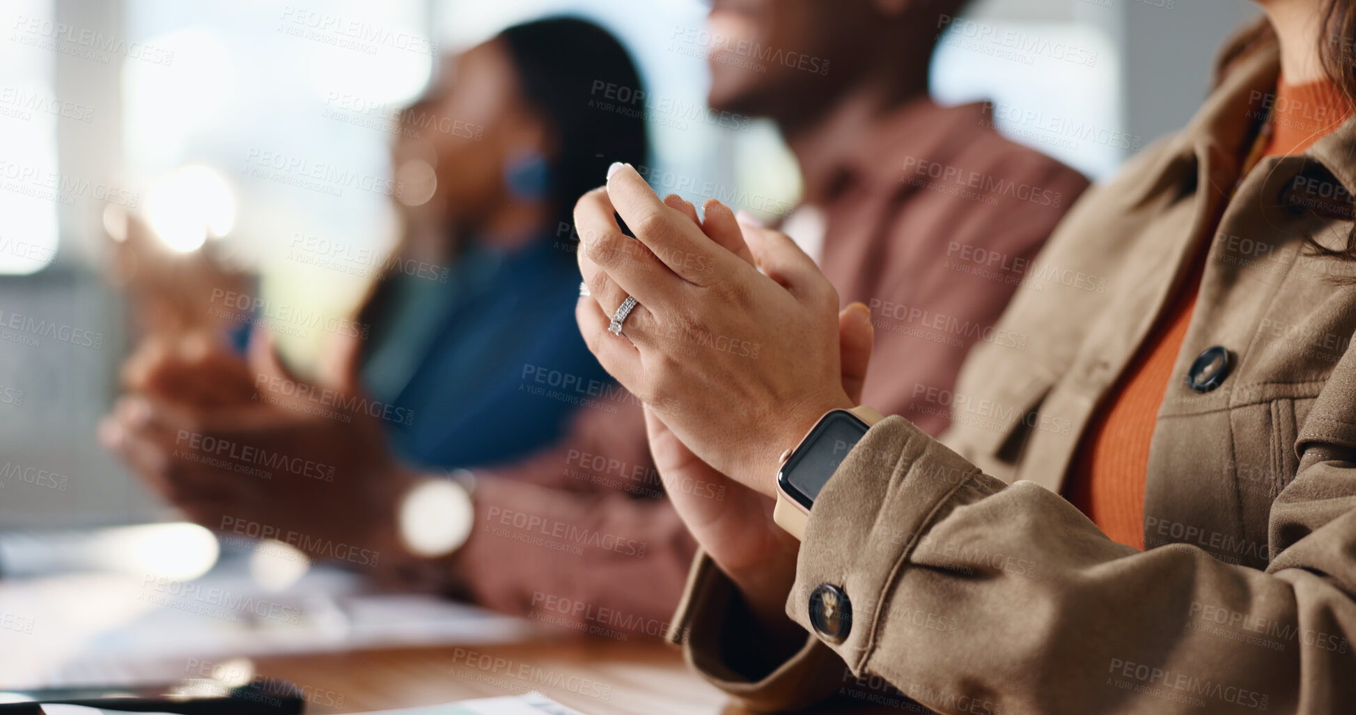 Buy stock photo Business people, group and applause with hands for success, celebration and company milestone. Team, clapping and cheering for promotion, winner and goal accomplishment with excellence in meeting