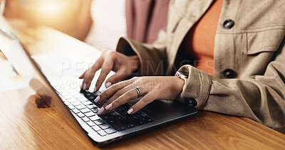 Buy stock photo Laptop, hands and businesswoman in office with communication, email or contact for investment. Technology, typing and female financial manager with computer for online finance report in workplace.