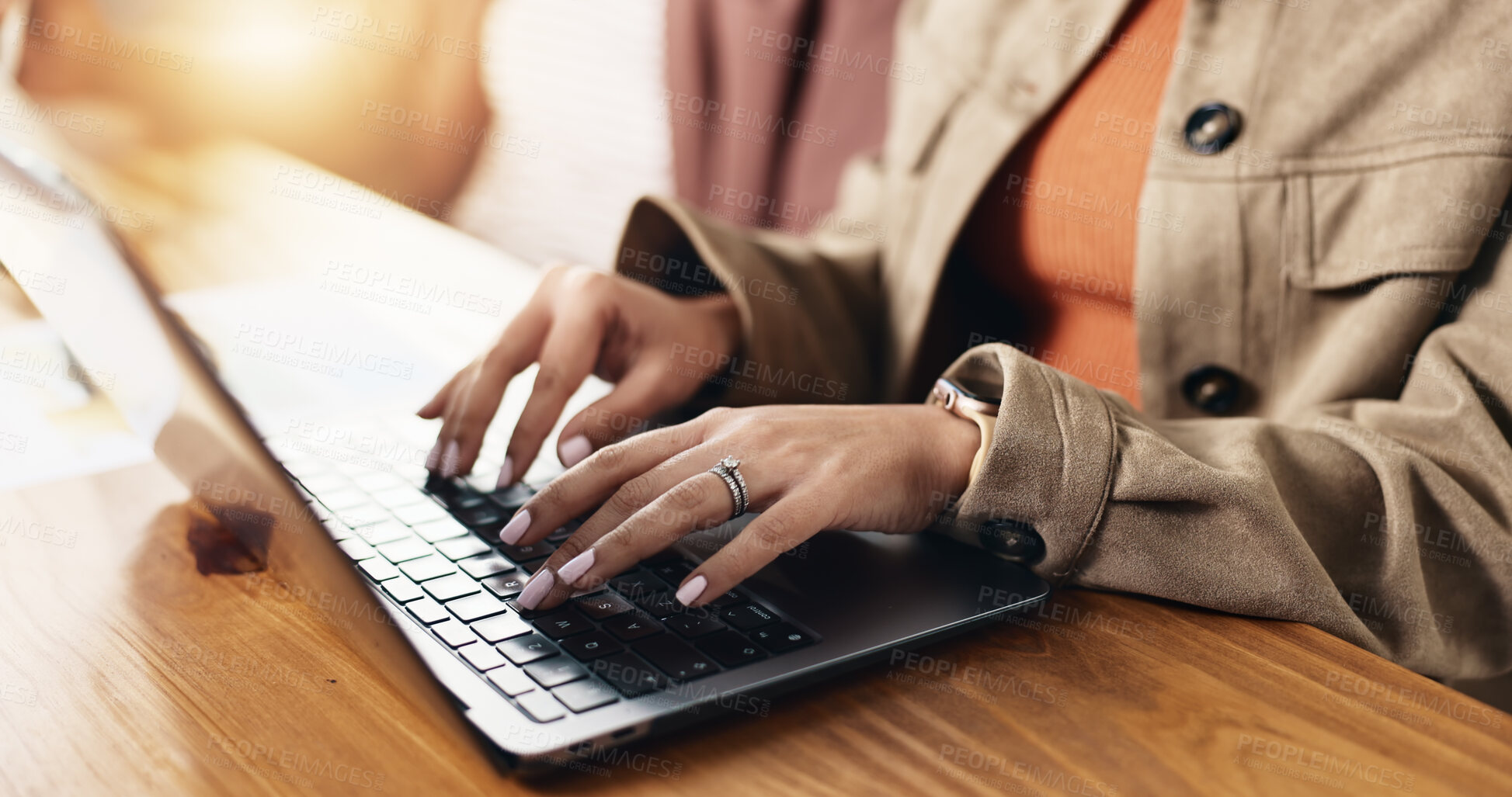 Buy stock photo Laptop, hands and businesswoman in office with communication, email or contact for investment. Technology, typing and female financial manager with computer for online finance report in workplace.