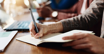 Buy stock photo Business person, hands and writing with diary for reminder, schedule or taking notes in office. Closeup, employee or event planner with pen, book or ideas for planning, agenda or tasks in workplace