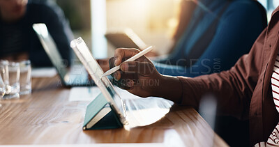 Buy stock photo Hands, pen and tablet with graphic designer at desk in coworking office for creative development. App, design and writing with business person in workplace for website illustration or planning