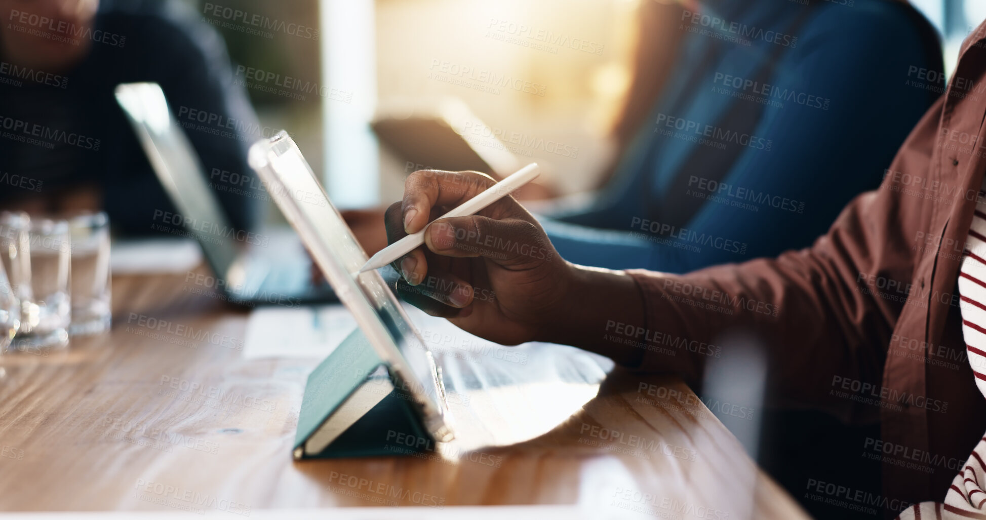 Buy stock photo Hands, pen and tablet with graphic designer at desk in coworking office for creative development. App, design and writing with business person in workplace for website illustration or planning