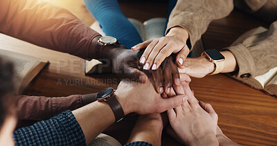 Buy stock photo Stack of hands, solidarity and business people in office for unity, collaboration and support. Team building, top view and group of corporate employees with partnership, goal or trust in workplace.