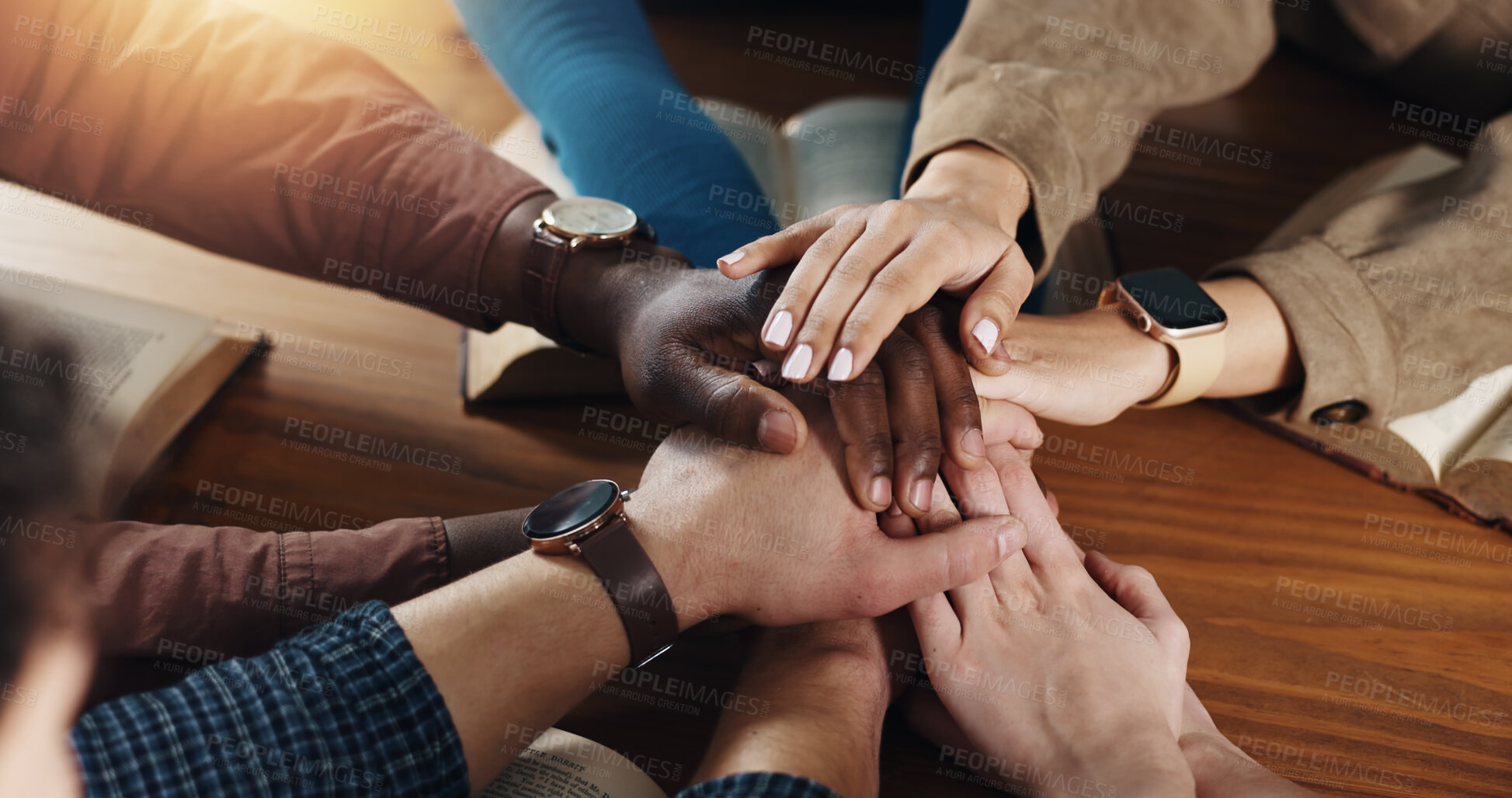 Buy stock photo Stack of hands, solidarity and business people in office for unity, collaboration and support. Team building, top view and group of corporate employees with partnership, goal or trust in workplace.