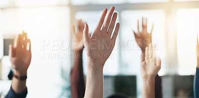 Buy stock photo Hands raised, volunteer and group of business people in meeting as audience for question or answer. Gesture, team and vote in office with idea, engagement and feedback of employees at workplace