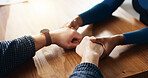 Empathy, holding hands and support with people in home together for bonding, confession or love. Help, hope and solidarity with friends at table in apartment for patience, sympathy or understanding