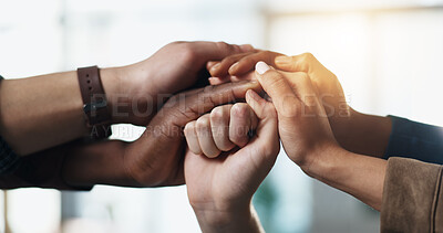 Buy stock photo Fist, people and group of hands together for support, help and solidarity in office. Men, women or advocate in protest, collaboration and power with commitment, action and respect for activist