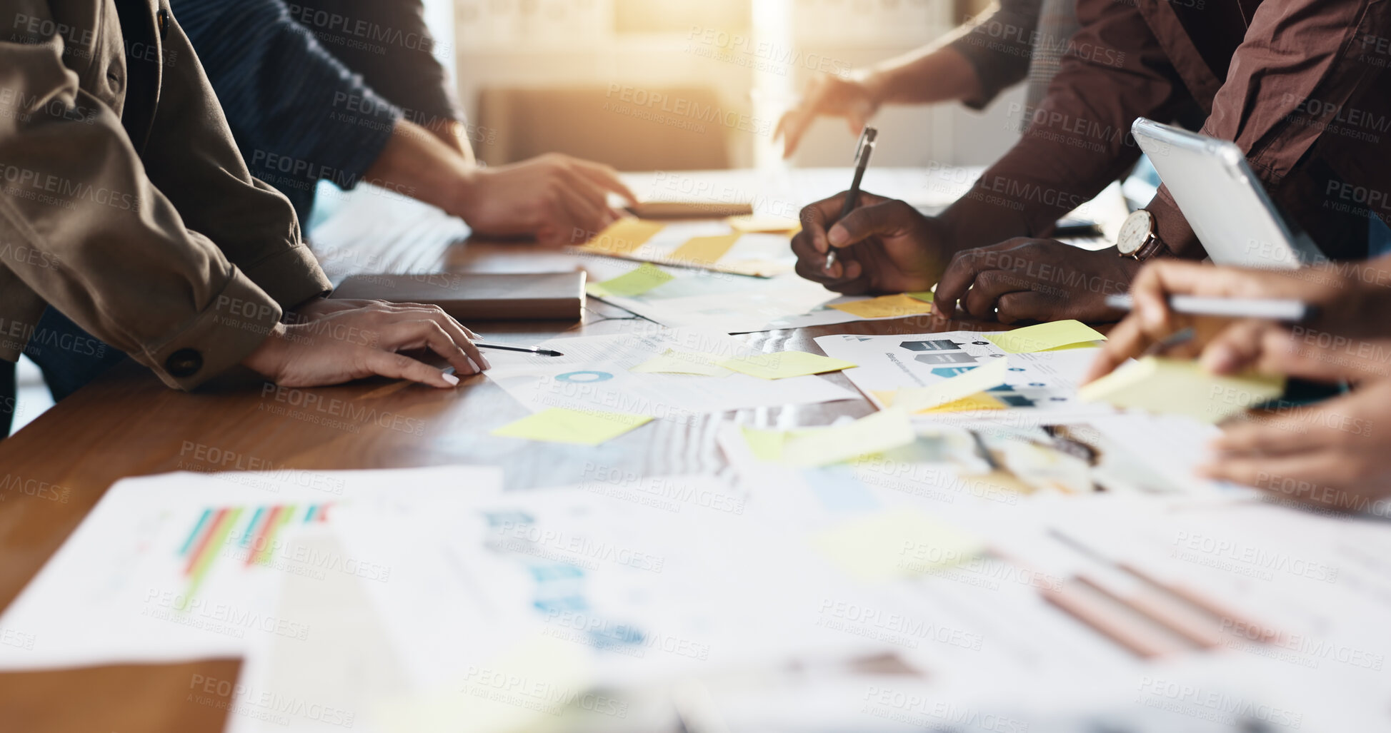 Buy stock photo Collaboration, hands and infographic with business people in office boardroom for meeting or planning. Marketing, paper and strategy with employee team in workplace for chart, data or graph review