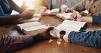 People, prayer group and holding hands with bible for religion study, faith or word of god in home. Christian, community or trust with support or book for praying, spiritual connection or worship