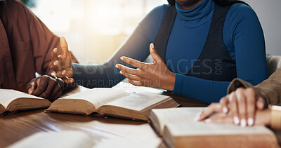Buy stock photo Hands, explain and woman with group for Bible study, worship or learning gospel for religion. Faith, Christianity and knowledge of God, scripture or theology talk for guidance with spiritual growth