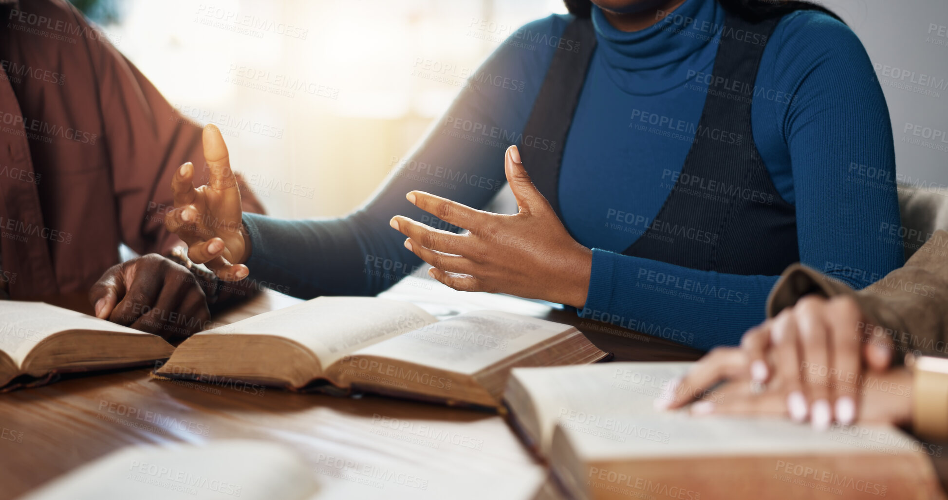 Buy stock photo Hands, explain and woman with group for Bible study, worship or learning gospel for religion. Faith, Christianity and knowledge of God, scripture or theology talk for guidance with spiritual growth