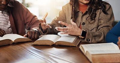 Buy stock photo Hands, explain and girl with group for Bible study, worship or learning gospel for religion. Faith, Christianity and knowledge of God, scripture or theology talk for guidance with spiritual growth