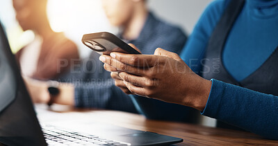 Buy stock photo Hands, phone and business woman in office for communication, chat feedback or campaign proposal. Mobile, creative and worker on internet at workplace for meeting, coworking or brand promotion email