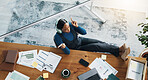 Headphones, documents and black woman relax in office with music, radio or album online. Top view, paperwork and African financial advisor listening to playlist with audio tech for break in workplace
