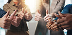 Business people, hands or teamwork with thumbs up in office for diversity, inclusion or feedback. Group, employees or gesture with like emoji, yes sign or OK for work cohesion, well done or agreement