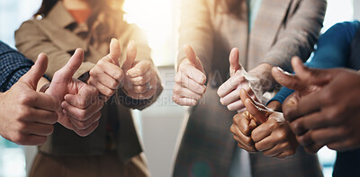 Buy stock photo Business people, hands or teamwork with thumbs up in office for diversity, inclusion or feedback. Group, employees or gesture with like emoji, yes sign or OK for work cohesion, well done or agreement
