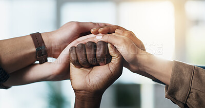 Buy stock photo Hands, people and fist of group together for support, help and solidarity in office. Men, women or advocate in protest, collaboration and power with diversity, action and respect for activist