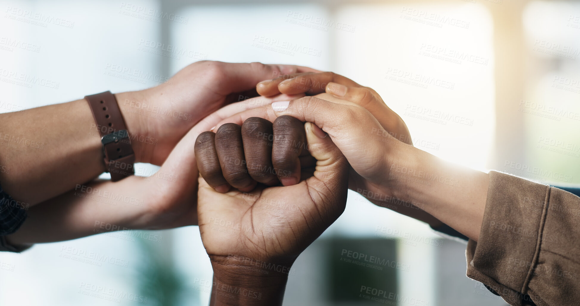 Buy stock photo Hands, people and fist of group together for support, help and solidarity in office. Men, women or advocate in protest, collaboration and power with diversity, action and respect for activist