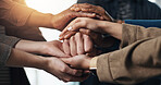 Business people, hands together or meeting with team for social cohesion or inclusion in office. Closeup, employees or pile with stack in huddle, diversity or solidarity for trust, support or mission
