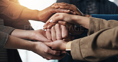 Buy stock photo Business people, hands together or meeting with team for cohesion or inclusion in office. Closeup, employees or pile with stack, staff or group in huddle or solidarity for trust, support or mission