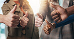 Business people, hands or teamwork with thumbs up for diversity, inclusion or feedback in office. Group, employees or gesture with like emoji, yes sign or OK for work cohesion, well done or agreement