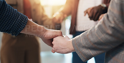 Buy stock photo People, prayer group and holding hands with faith for religion, worship or god in home. Christian, community or trust with support, unity or solidarity for praying, spiritual connection or social
