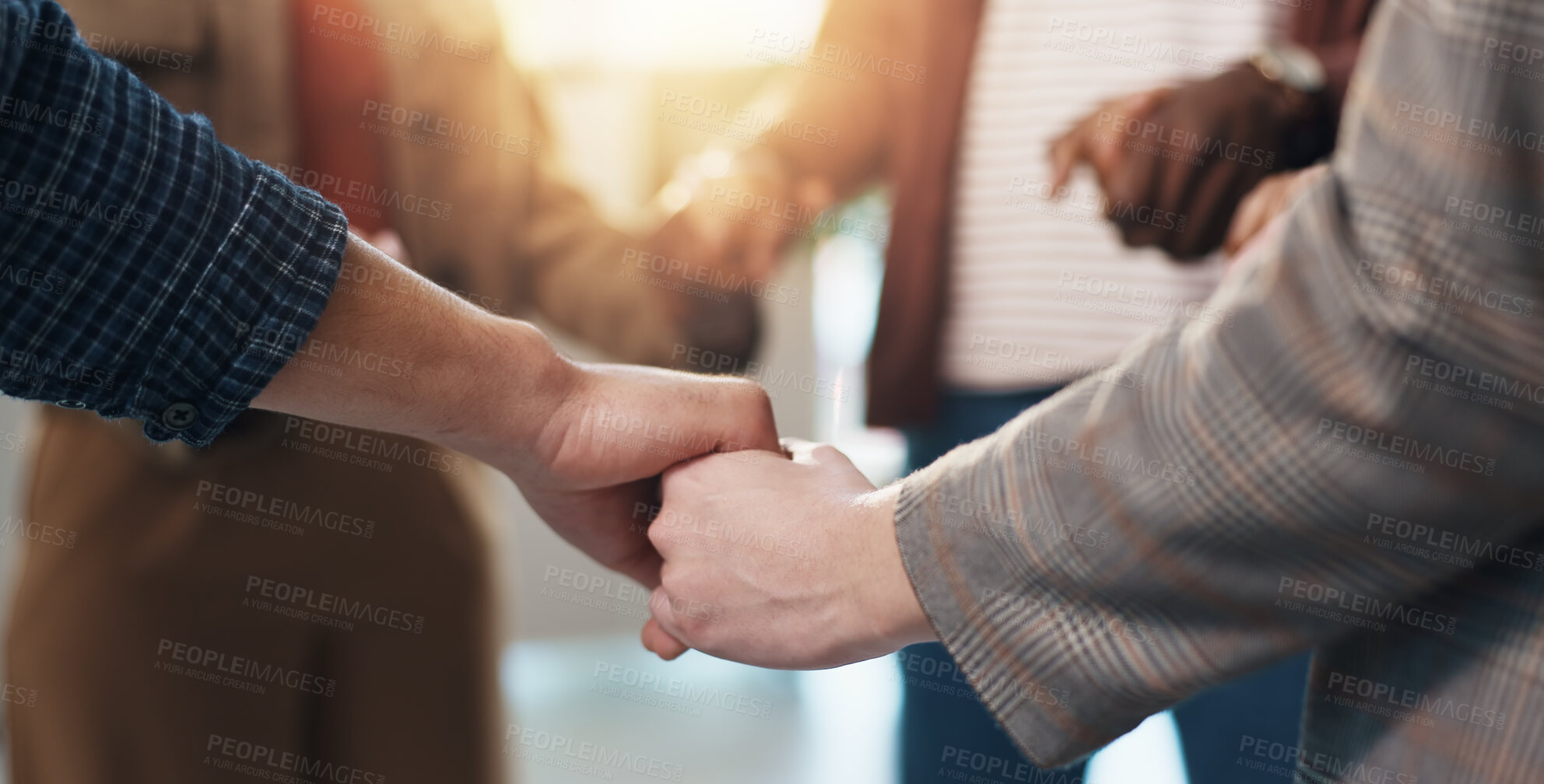 Buy stock photo People, prayer group and holding hands with faith for religion, worship or god in home. Christian, community or trust with support, unity or solidarity for praying, spiritual connection or social