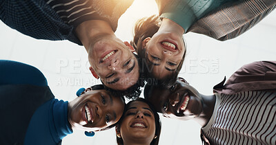 Buy stock photo Low angle, smile and business people with portrait, collaboration and creative project with success. Group, below and men with women, teamwork and design agency with happiness, about us or solidarity