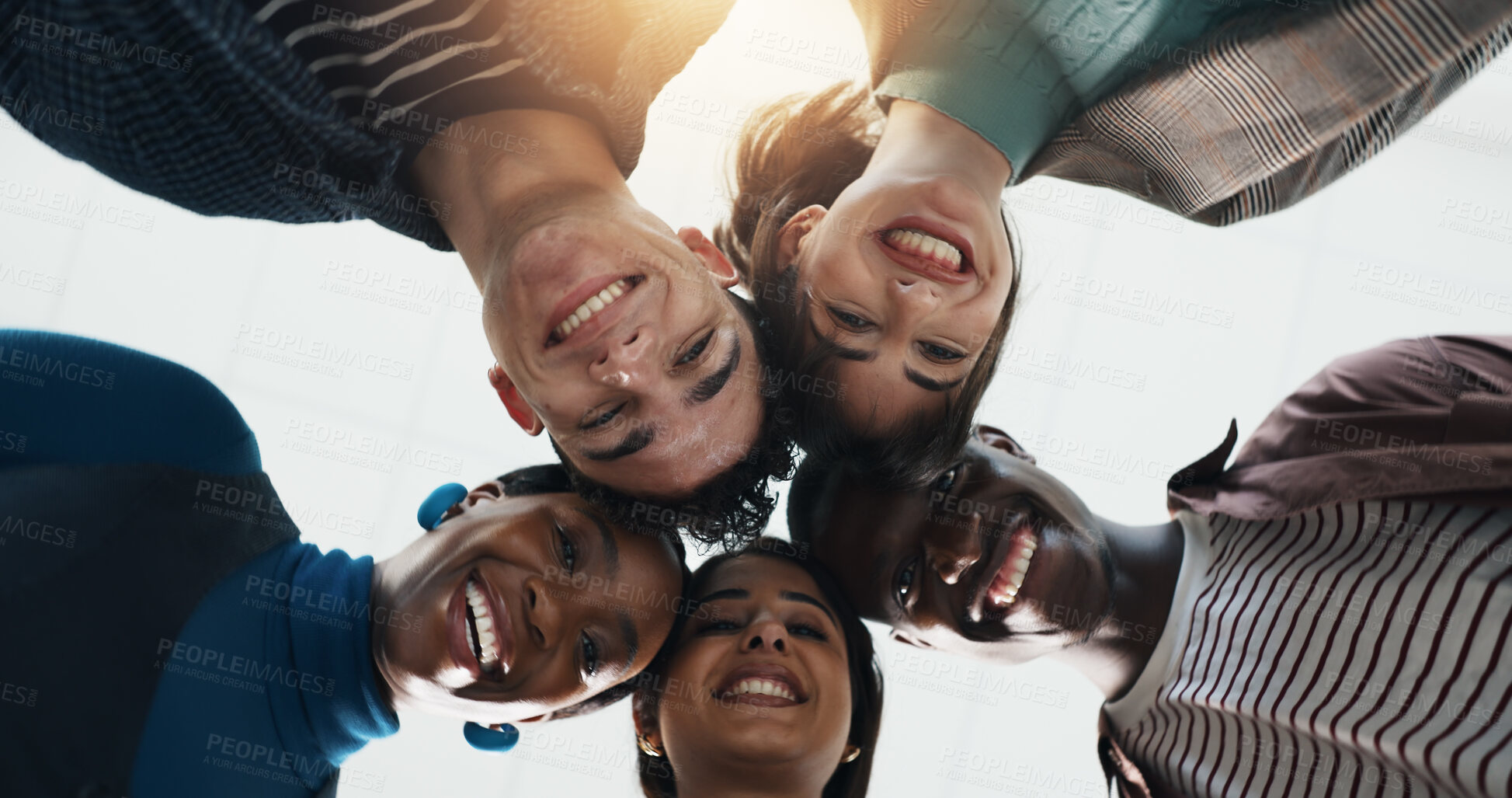 Buy stock photo Low angle, smile and business people with portrait, collaboration and creative project with success. Group, below and men with women, teamwork and design agency with happiness, about us or solidarity