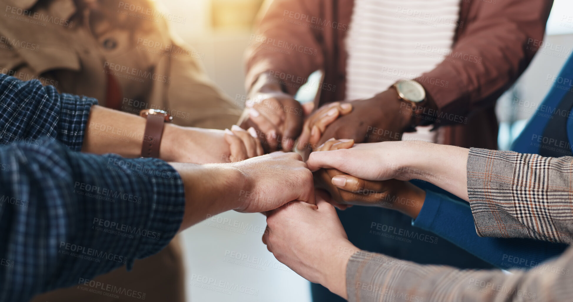 Buy stock photo Holding hands, community and group of people in unity for support, help and solidarity at therapy. Men, women or counseling for sharing, prayer and trust with commitment and respect in meeting