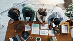 Documents, discussion and business people in office with planning for investment growth with team. Paperwork, meeting and group of financial advisors with statistics for profit report from above.