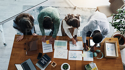 Buy stock photo Documents, discussion and business people in office with planning for investment growth with team. Paperwork, meeting and group of financial advisors with statistics for profit report from above.