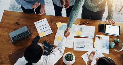 Buy stock photo Handshake, finance documents and business people in office for deal, negotiation or partnership. Shaking hands, top view and financial advisors with client for investment meeting in workplace.