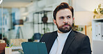 Thinking, research and tablet with business man in office for planning, idea and schedule appointment. Application solution, problem solving and reflection with person in agency for report insight