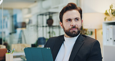 Thinking, research and tablet with business man in office for planning, idea and schedule appointment. Application solution, problem solving and reflection with person in agency for report insight