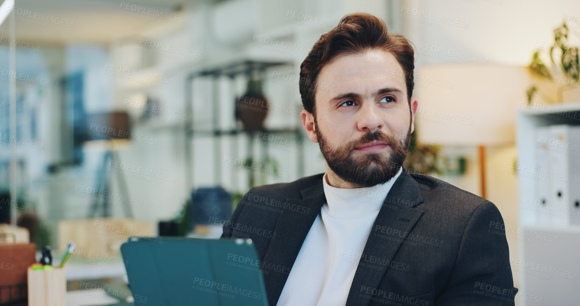 Buy stock photo Thinking, research and tablet with business man in office for planning, idea and schedule appointment. Application solution, problem solving and reflection with person in agency for report insight
