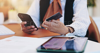 Buy stock photo Business woman, hands and phone with credit card for online shopping, purchase or banking at office. Employee, shopper or user with digital technology, debit and ecommerce app for remote transaction