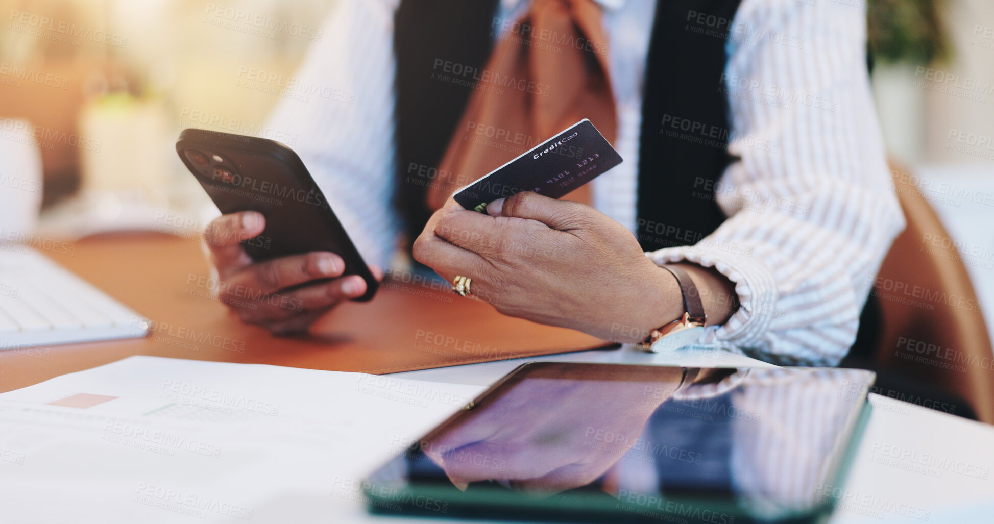 Buy stock photo Business woman, hands and phone with credit card for online shopping, purchase or banking at office. Employee, shopper or user with digital technology, debit and ecommerce app for remote transaction