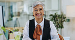 Portrait, mature and smile with business woman in office for event planner, happy and creative. Exhibition organizer, agency and professional with employee for gallery, company and confidence