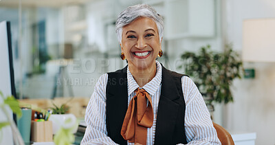 Buy stock photo Portrait, mature and smile with business woman in office for event planner, happy and creative. Exhibition organizer, agency and professional with employee for gallery, company and confidence