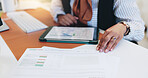 Tablet, documents and hands of business person for planning, progress report and account manager. Research, online portfolio and budget proposal with employee in office for review and development