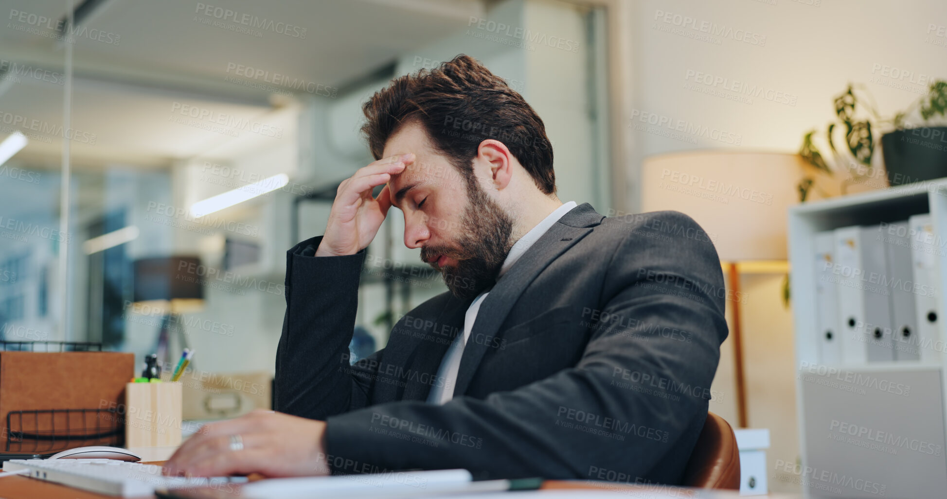Buy stock photo Headache, sleep or tired businessman in office for deadline, project or document report. Stress, migraine and exhausted administrator with depression in workplace with fatigue, burnout or pressure