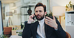 Business, man and talk with phone call in office to interview source, information and article idea. Journalist, mobile and discussion for story facts, contact editor and chat for publication schedule