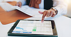 Hands, tablet and screen with spreadsheet, office and human resources management at corporate agency. Person, touchscreen ux and click for statistics review, chart and paperwork for admin at company