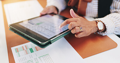 Buy stock photo Hands, tablet and screen with gantt chart, office and human resources management at corporate agency. Person, tech and click ux for statistics review, application and spreadsheet for admin at company