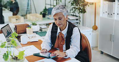 Buy stock photo Mature woman, tablet and review results at office for metadata analysis, charts and app at company. Person, tech and scroll with feedback for finance statistics, solution or problem solving at agency