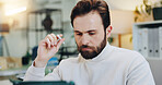 Thinking, stylus and tablet with business man in office for planning, research and schedule appointment. Application solution, problem solving and reflection with person in agency for report insight